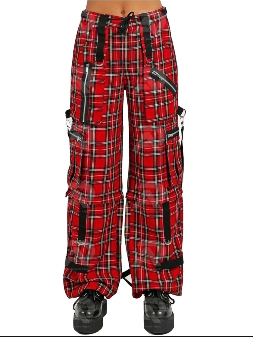 Red Plaid Wide Leg Cargo Pants - Wide Leg